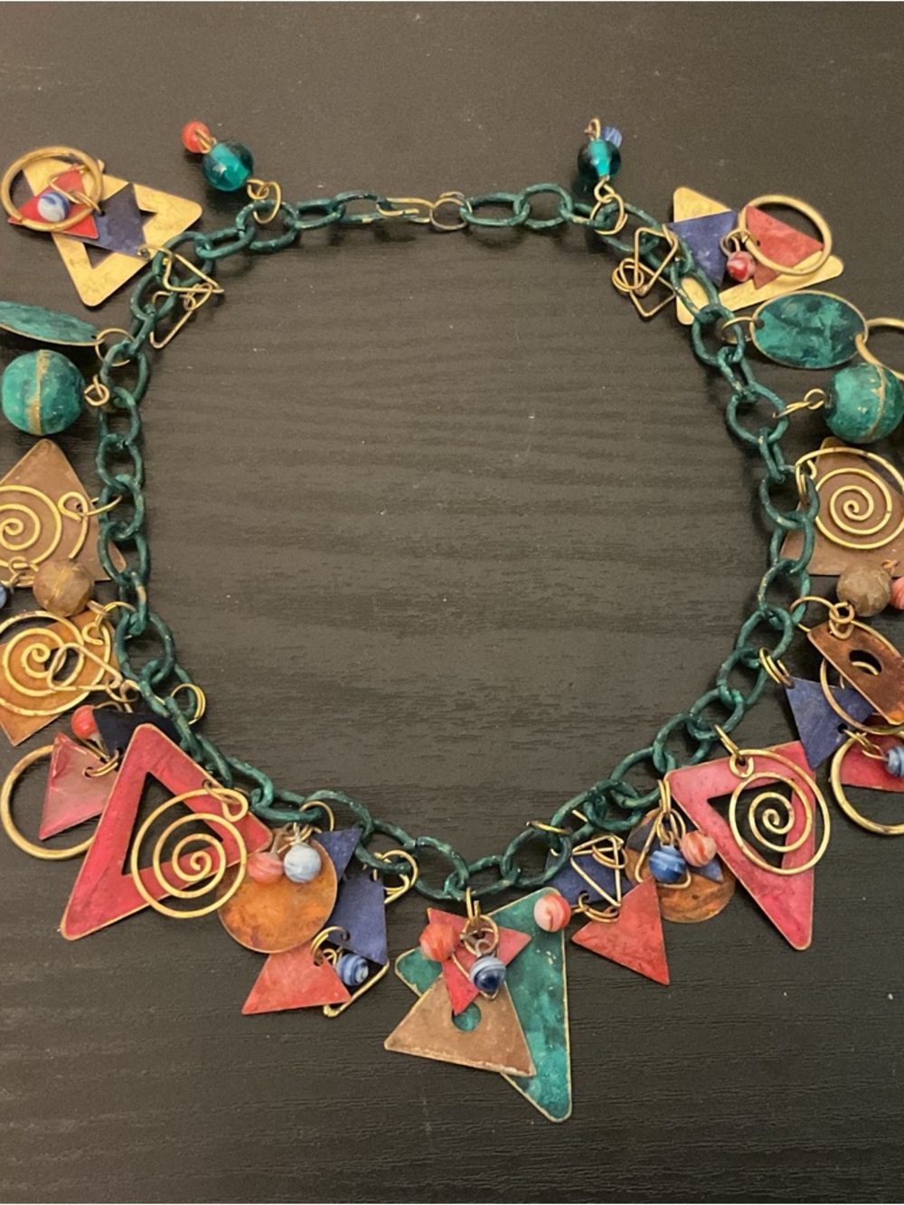 Artisan Multicolor Metal Necklace Charms Statement Handcrafted Bohemian 17”